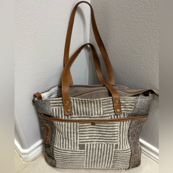 Myra Bag Upcycled Gray and Brown Large Purse/Handbag - Picture 1 of 14